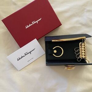 Salvatore Ferragamo Black and Gold Textured Leather Key Case